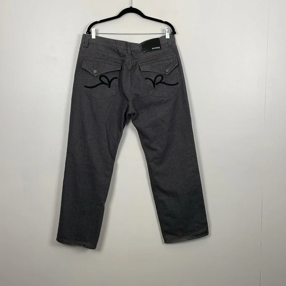 Rocawear Mens 38-32 Wide Leg Baggie Relaxed Fit Y2K Hip Hop 5 Pocket Denim Jeans